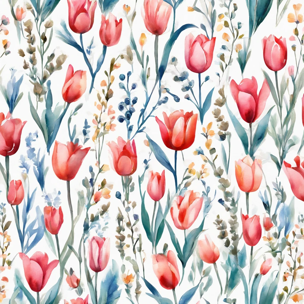 aquarelle, Small flowers, tulips，Blue and pink，Cute cartoon white rabbit， Beautiful, 1:1, the watercolor style, Flower and leaf motifs, Wet process and wet process, mute, Indigo, Fabric design, Flat illustration, highly detailed cleaning, Vector image, Masterpiece, professional, isometry, There is a distance，Bright vector, Black background, Dry brush, Brush strokes, Painted on canvas, by J.m.Show on the. Turner. Expressive markers.