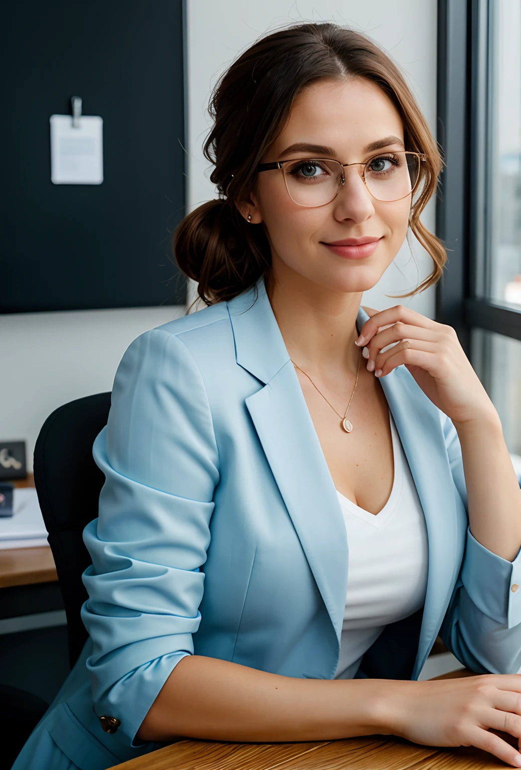 Mature woman, 30 years old, brown hair, european woman, full body in picture, multiple views, zoom out, serious, beautiful, cool, realistic hair, green eyes, discreet pose, european eyes, medium construction, medium round ass, medium long coat, beautiful clothes, cute black suit, modern office, bar on cover, masterpiece, ultra high res, (photorealistic: 1.4), raw photo, ultra realistic, detailed background, refined, detailed, realistic face, detailed face, realistic skin, (RAW photo, best quality), extremely detailed, CG, unit, amazing, fine details, light smile, extremely detailed CG 8k wallpaper unit, huge file size, ultra-detailed, highres, absurdres, soft light, half body, photo without background ,RAW photo, 29 year old american woman wearing white business shirt with light blue jacket, smirk, messy bun, glasses, slim body, sitting in her office desk,office in background, designer, detailed face, blue eyes, Full-length, Body and head directly in the photo, elegant and elegant, facing the viewer of the photo, Eyes fixed on the lens, The shoulders and head appear in the photo, shallow depth of field, (high detailed skin:1.2), 8k uhd, dslr, soft lighting, high quality, film grain, 20mp, Fujifilm XT3, 80mm, hasselblad