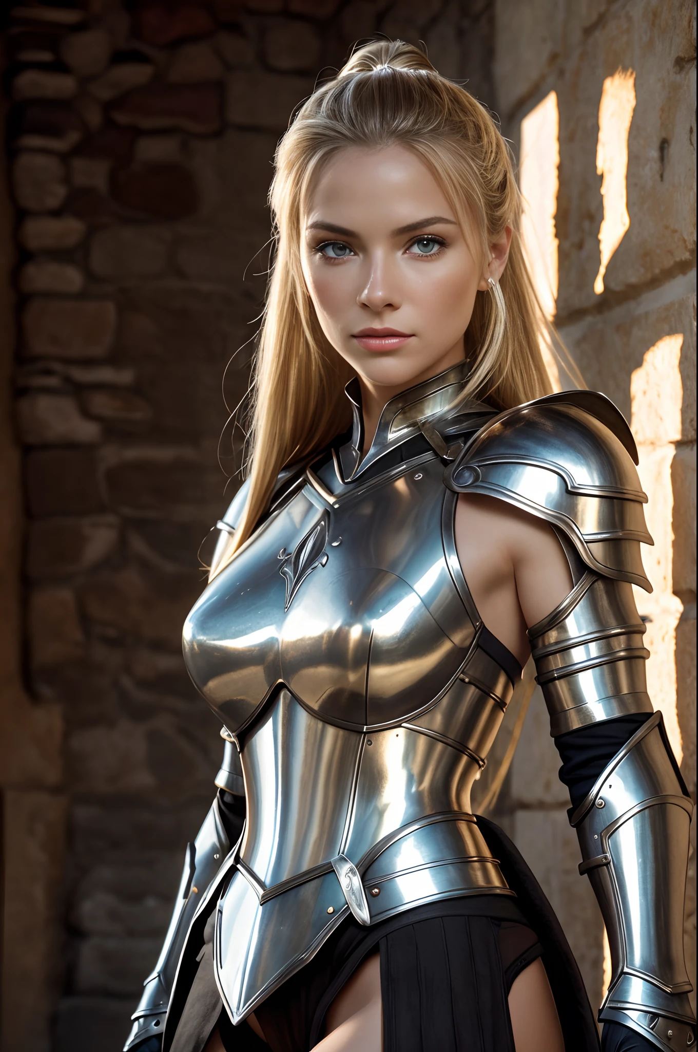 Realistic photo of a beautiful woman, (Note See:1.0), (skin texture:1.1), (detailed eyes), blonde hair in a loose ponytail, (detailed face), (skin pores), (legs), (Sexy fantasy warrior armor), metallic shine, on the castle wall, in front of the camera, (Masterpiece), (photorealistic:1.4), photo and gross, Best Quality, high resolution, rich colors, backlight, bright sunlight, cinematic lighting, film grain, photo and gross, 50mm lens, Nikon D850, warm colors, by Helmut Newton, close up