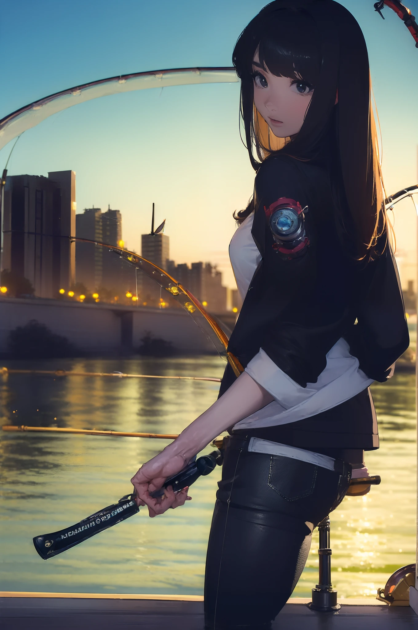((((having a fishing rod with a reel:1.5)))),((Female 28 years old)),((Best Quality:1.5)),(((Hands with the correct number and structure of fingers:1.4))),((riverside:1.37)),hight resolution,ultra-detailliert,masterpiece,best qualtiy,(Eight-headed body),Black hair, long eyes-lashes, Solid Circle Eyes, drop shadow, Atmospheric perspective,Super Detail, ccurate, small brest,(Black jacket and black jeans :1.1),top-quality, blurry backround, bokeh dof:1.2, (masterpiece:1.3), Atmospheric perspective,Super Detail,dynamic compositions,