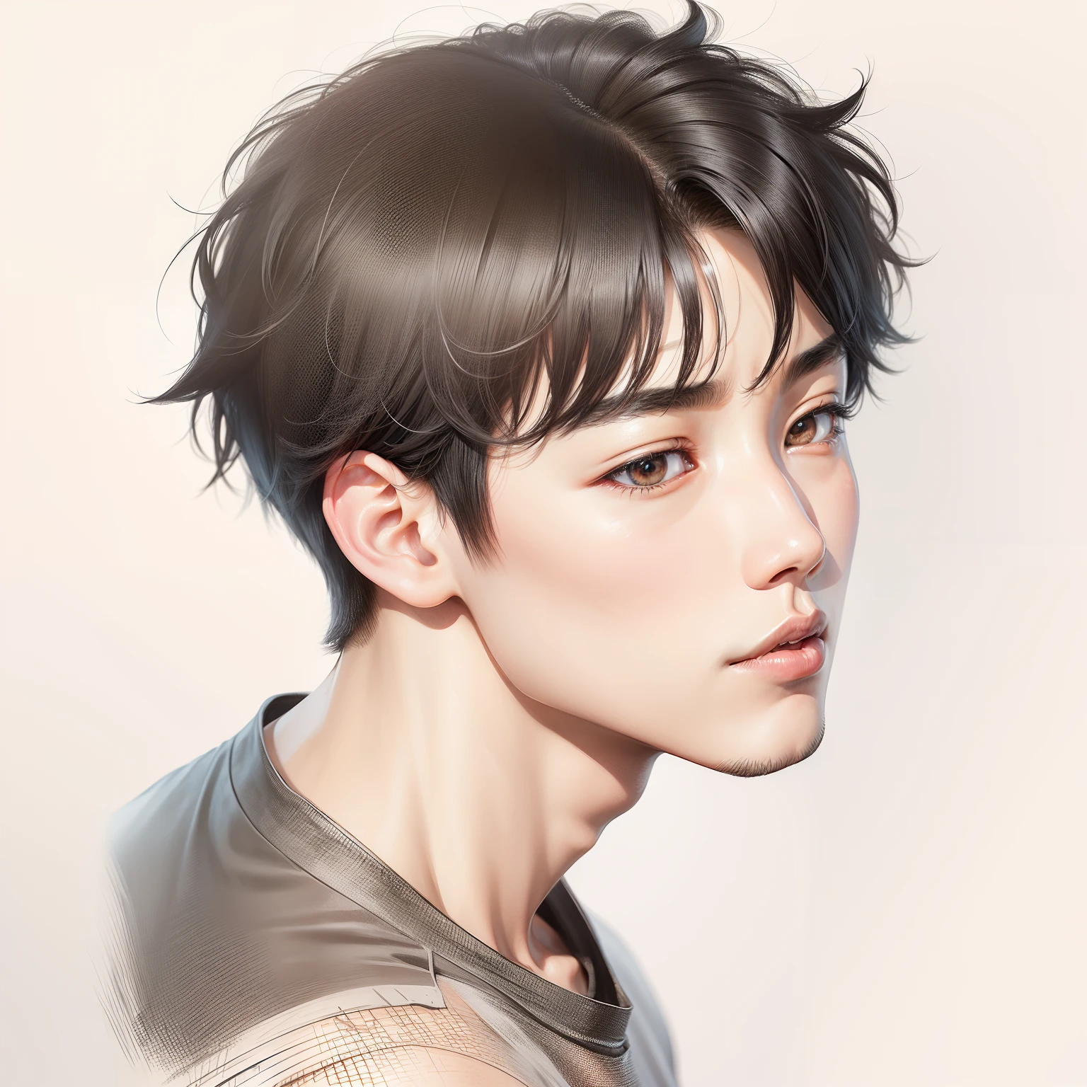 Korean boy, sharp eyes, black hair,black t-shirt, realistic