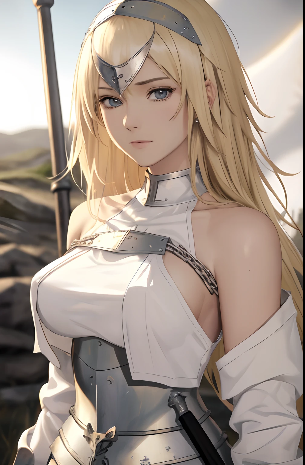 best quality, masterpiece,highly detailed,anime,1girl, adult face, mature face, mature female, mature woman, mature beauty, adult blonde, mature blonde,upper body,(jeanne d'arc),medium breasts,perfect face,blond hair,long hair,(white clothes),(bare shoulder),armored dress,no armor on breasts,breasts covered by white clothes from above,chain,headwear,flag,battlefield in background,depth of field,looking at viewer,cinematic lighting,