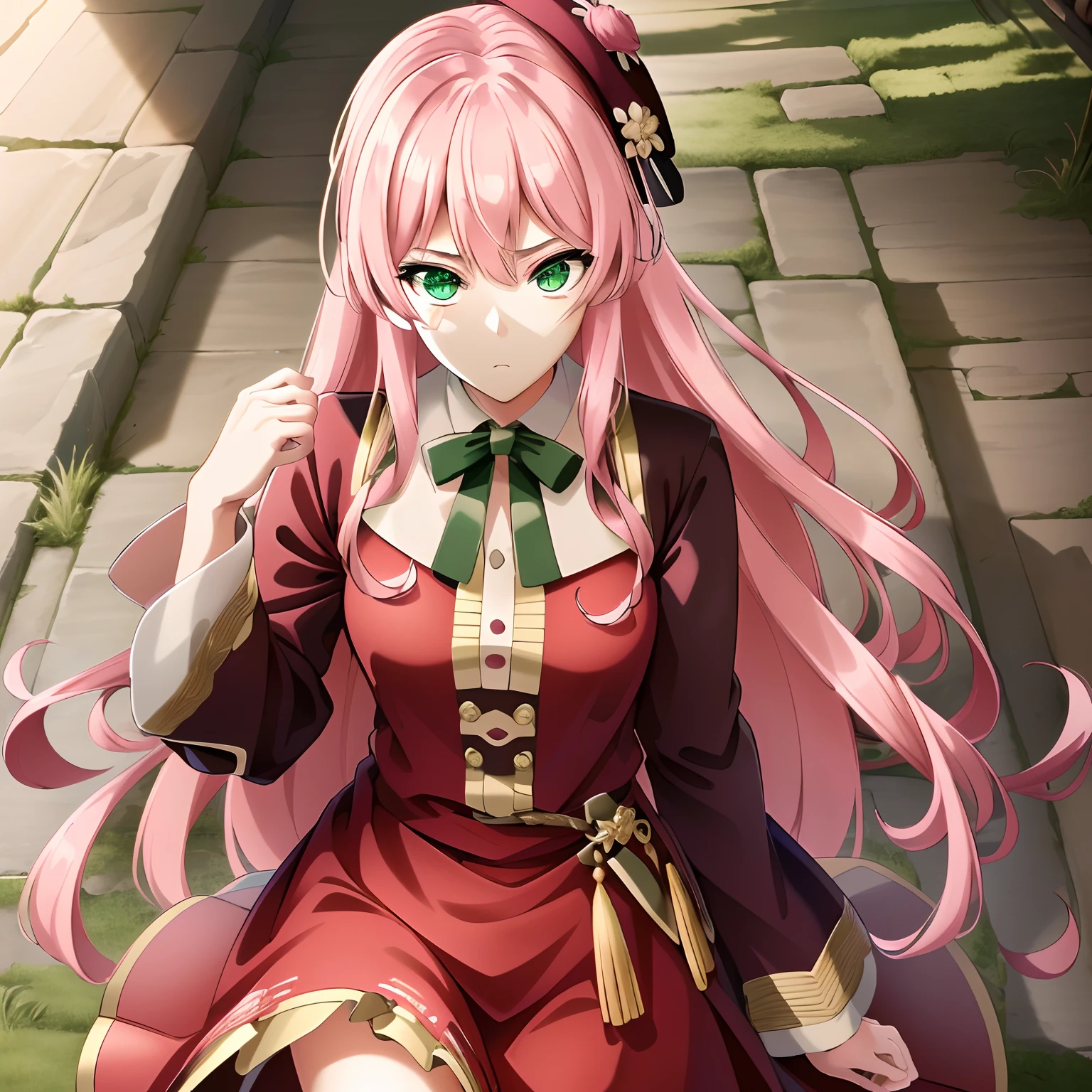 ((masutepiece)), (((Best Quality))), ((Ultra-detailed)), ((Illustration)), finely detail, extremely detailed CG unity 8k, hight resolution, {Beautiful detailed eyes}, finely detail,
1girl in, Long hair, Pink hair, Green eyes, (big eye), megustume, beret, military outfits, guns