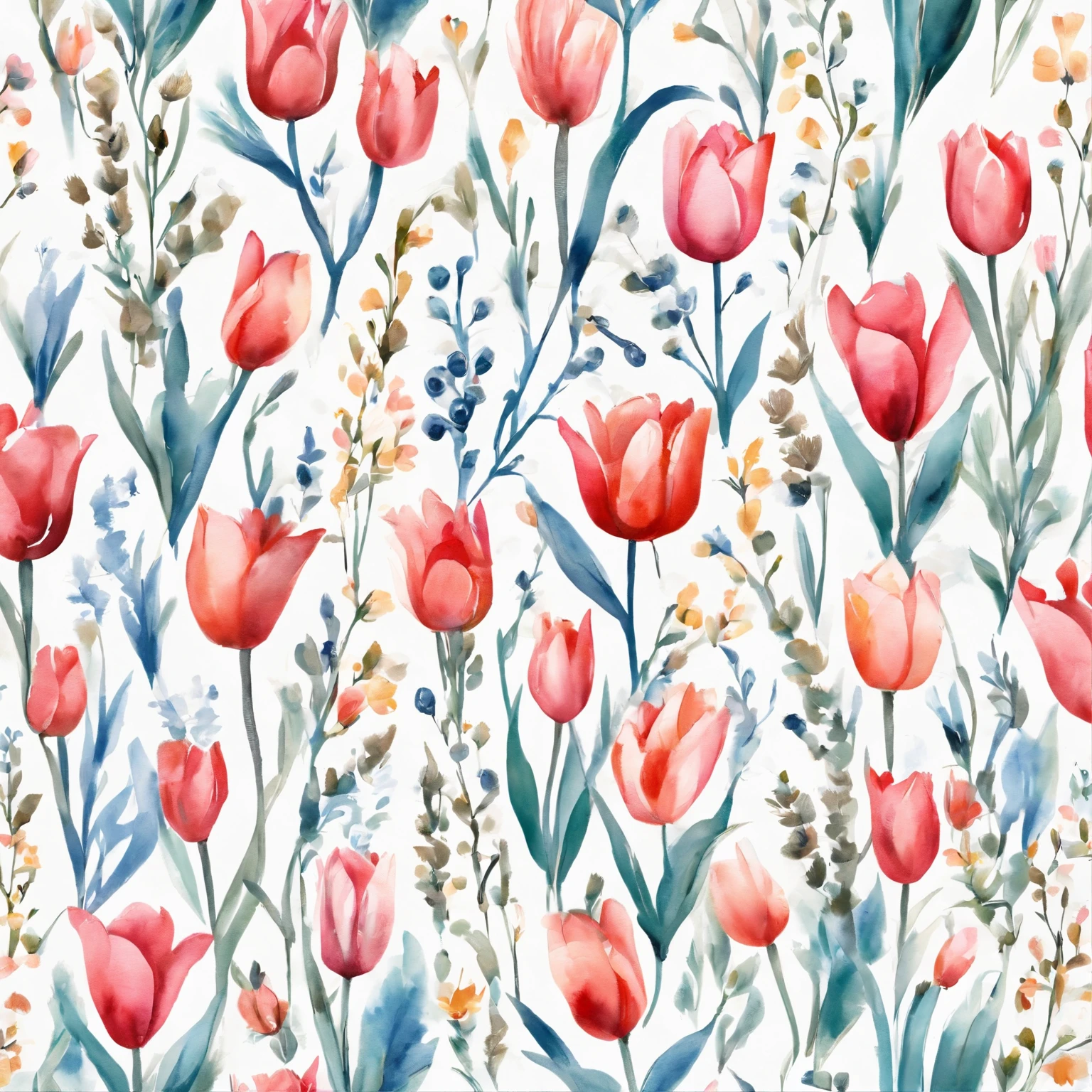 aquarelle, Small flowers, tulips，Blue and pink，Cute cartoon white rabbit， Beautiful, 1:1, the watercolor style, Flower and leaf motifs, Wet process and wet process, mute, Indigo, Fabric design, Flat illustration, highly detailed cleaning, Vector image, Masterpiece, professional, isometry, There is a distance，Bright vector, Black background, Dry brush, Brush strokes, Painted on canvas, by J.m.Show on the. Turner. Expressive markers.