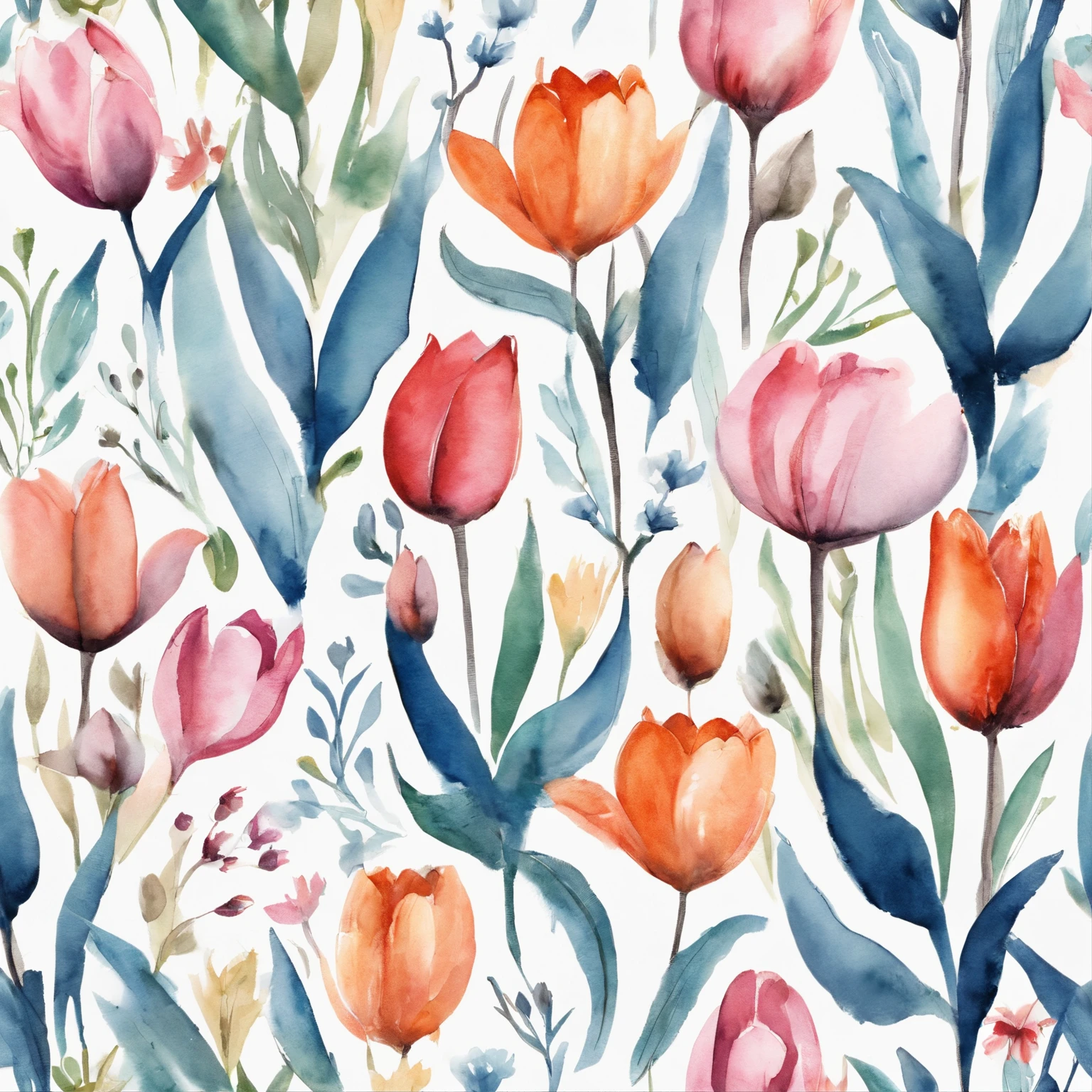 aquarelle, Small flowers, tulips,Blue and pink,Cute cartoon white rabbit, Beautiful, 1:1, the watercolor style, Flower and leaf motifs, Wet process and wet process, mute, Indigo, Fabric design, Flat illustration, highly detailed cleaning, Vector image, Masterpiece, professional, isometry, There is a distance,Bright vector, Black background, Dry brush, Brush strokes, Painted on canvas, by J.m.Show on the. Turner. Expressive markers.