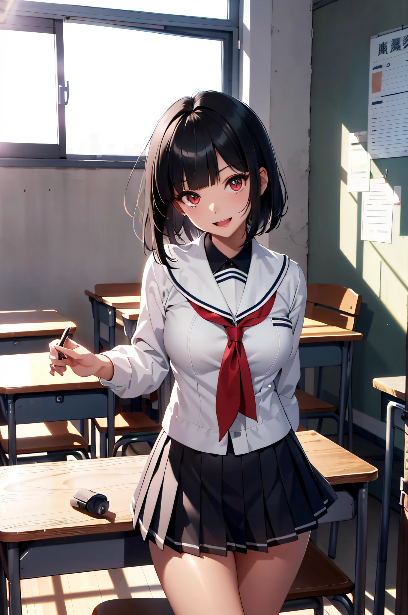 (top-quality、in 8K、32K、​masterpiece、nffsw、超A high resolution、Impresionismo、Photorealsitic:1.2)、Colossal tits、cowboy  shot, detailed faces and eyes、 Inside the classroom、Schools、Evening glow、beauitful face、blurry backround、16-year-old beautiful girl、shinny skin、short-hair、Beautiful black hair、Blunt bangs、Red Eye、(Katyusha:1.2)、a sailor suit、Pleated miniskirt、Curve、Stand on one knee、(I can see panties:1.2)、Smile with open mouth、Opening legs、