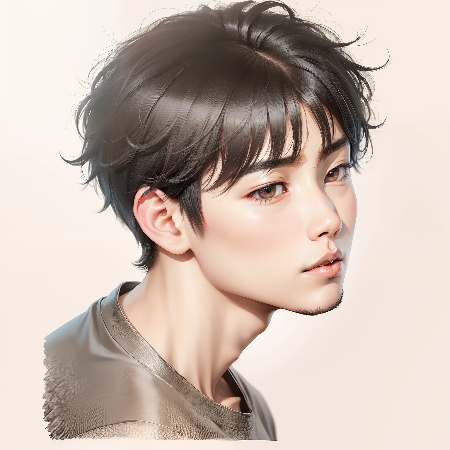 Korean boy, sharp eyes, black hair,black t-shirt, realistic