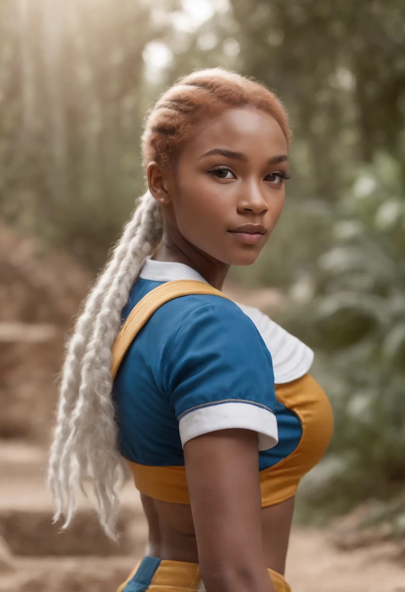 "Create an ultra-realistic masterpiece with photorealistic details, showcasing a caramel-skinned ginger African mixed girl with frost white hair in ponytails. detailed faces with bright neon blue and freckles, wearing school uniforms. girl has underboob exposure. standing outdoors, facing sideways, with arms positioned at a angle from their sides, emphasizing their groin and prominent hip bones."