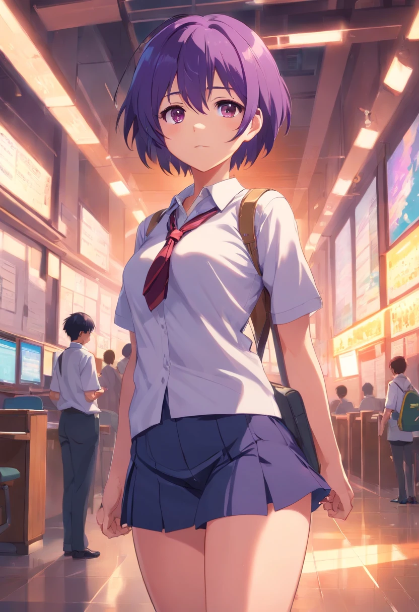 Big tits, very big ass, short purple hair, hot school uniform