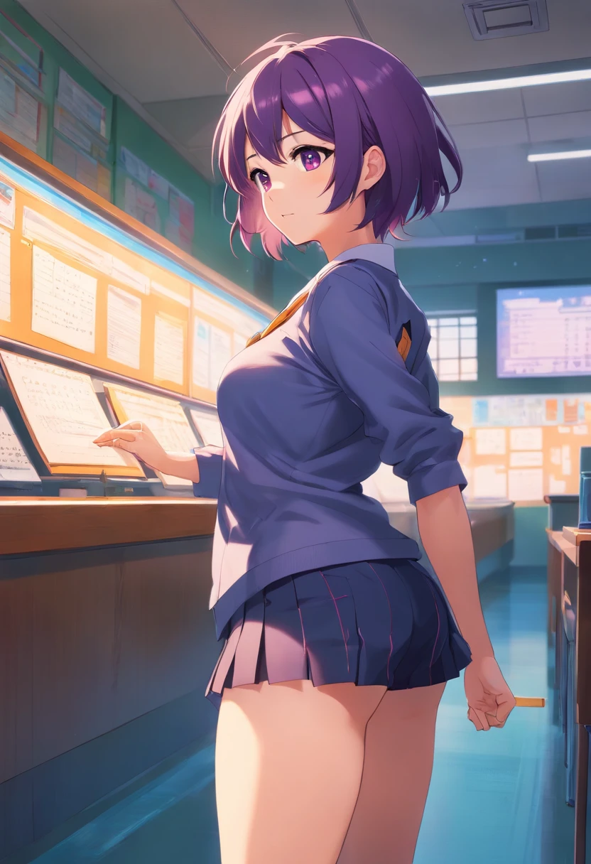 Big tits, very big ass, short purple hair, hot school uniform