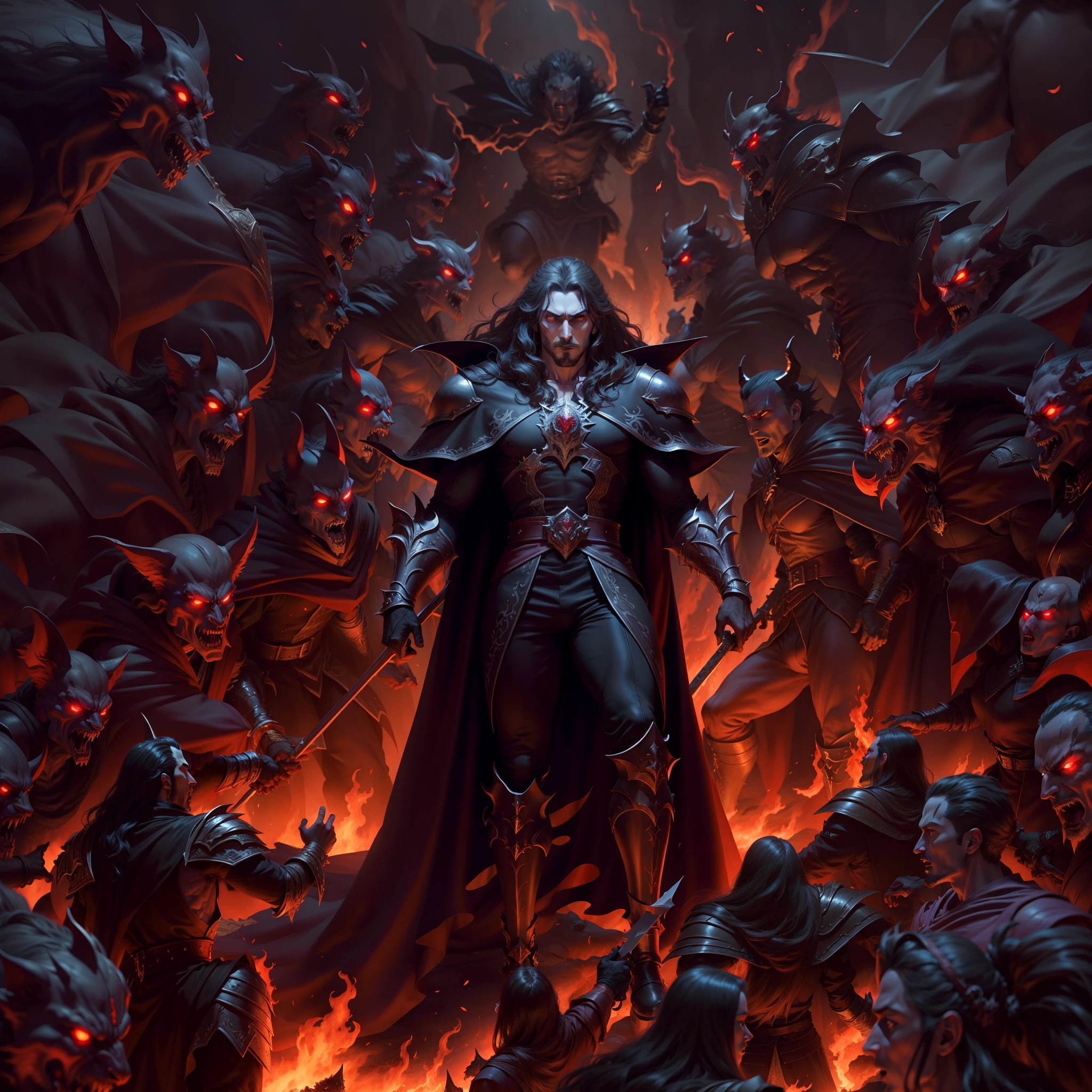 Castlevania Hyper Realistic Shadow Lord Super Detailed High Quality Masterpiece Lord Dracula leading an army of demons surrounding fiery fire hyper realistic