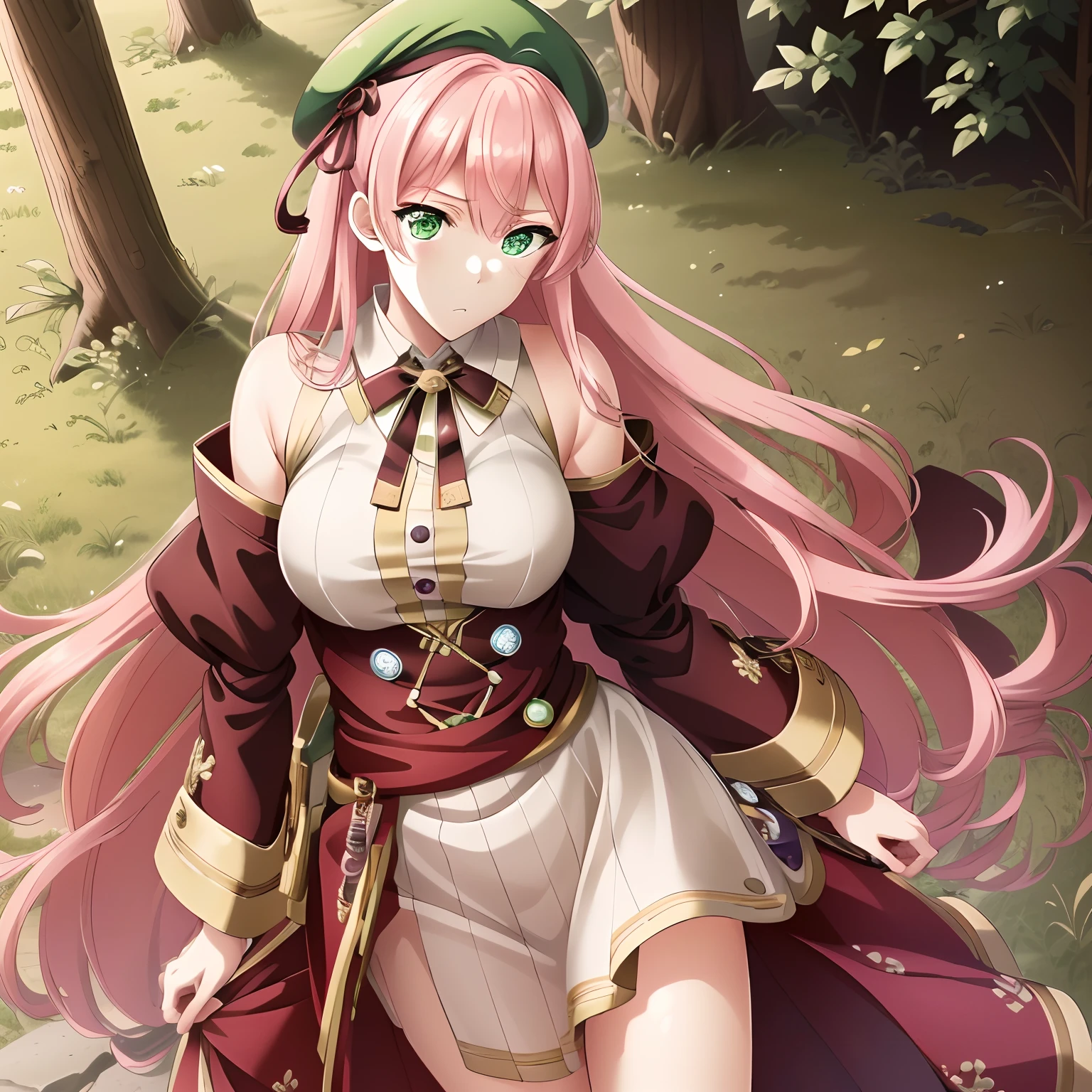 ((masutepiece)), (((Best Quality))), ((Ultra-detailed)), ((Illustration)), finely detail, extremely detailed CG unity 8k, hight resolution, {Beautiful detailed eyes}, finely detail,
1girl in, Long hair, Pink hair, Green eyes, (big eye), megustume, beret, military outfits, guns