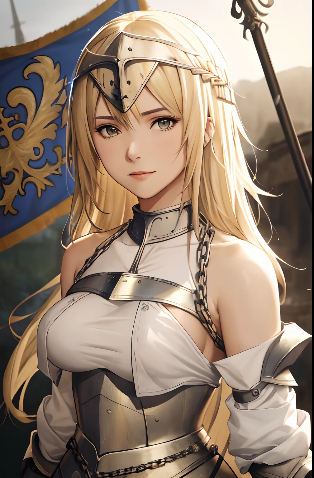 best quality, masterpiece,highly detailed,anime,1girl, adult face, mature face, mature female, mature woman, mature beauty, adult blonde, mature blonde,upper body,(jeanne d'arc),big breasts,perfect face,blond hair,long hair,(white clothes),(bare shoulder),armored dress,no armor on breasts,breasts covered by white clothes from above,chain,headwear,flag,battlefield in background,depth of field,looking at viewer,cinematic lighting,