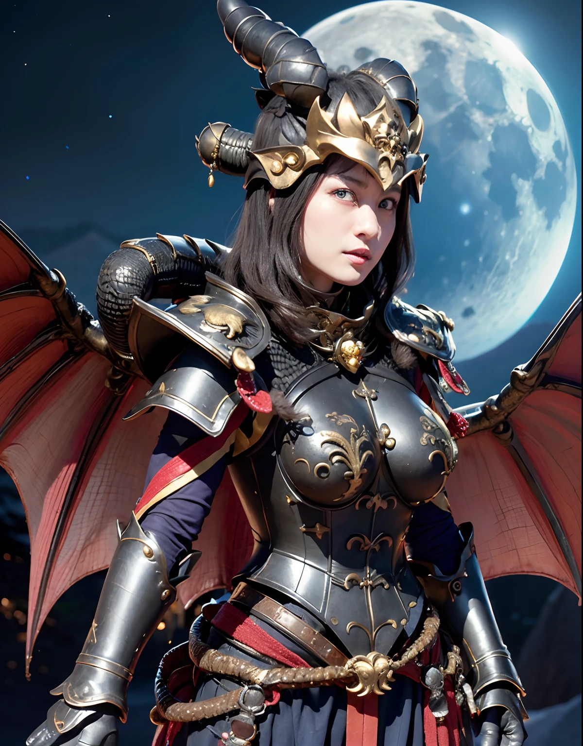Professional , masterpiece、top-quality、photos realistic , depth of fields 、(Dragon Blue Metal Body:1.9),(Enamel purple、(cleavage of the breast)、Mystical expression、Dragon Gold Weapon、(Red Micro Bikini Armor:1.4),Gorgeous gold weapons ,Particles of light、(( Dragon's dense and gorgeous sword)) , (demonic wings)、((a blond))、(Castle background)、((Gangle's forest background))、((Fight dragons))、Beautiful Caucasian beauty、1a person、dynamic ungle,(((Detailed and ornate dragon helmet)))、Smaller head、A smile、Castle background、Thin and beautiful female hands、cleavage of the breast、Soldier in iron armor on background、Mystical expression、Light Effects、intense fighting、Wind-effect、magic circles、With the legendary magic wand、Dragon's tail、explosions、Anatomically correct body、