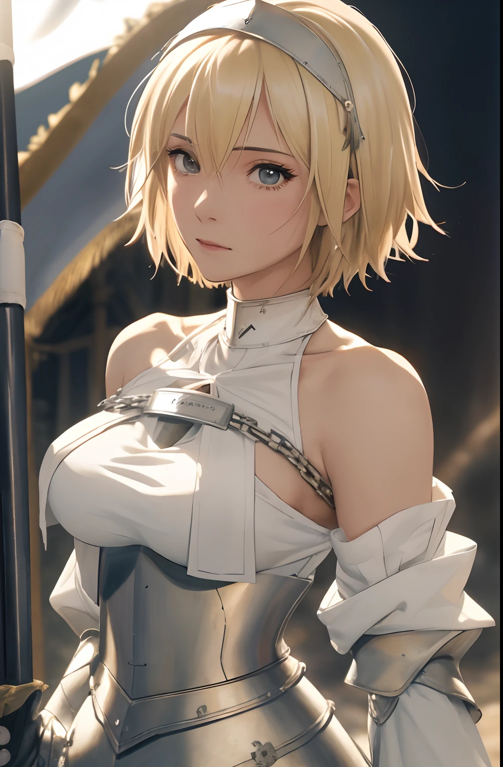 best quality, masterpiece,highly detailed,anime,1girl, adult face, mature face, mature female, mature woman, mature beauty, adult blonde, mature blonde,upper body,(jeanne d'arc),big breasts,perfect face,blond hair,long hair,(white clothes),(bare shoulder),armored dress,no armor on breasts,breasts covered by white clothes from above,chain,headwear,flag,battlefield in background,depth of field,looking at viewer,cinematic lighting,