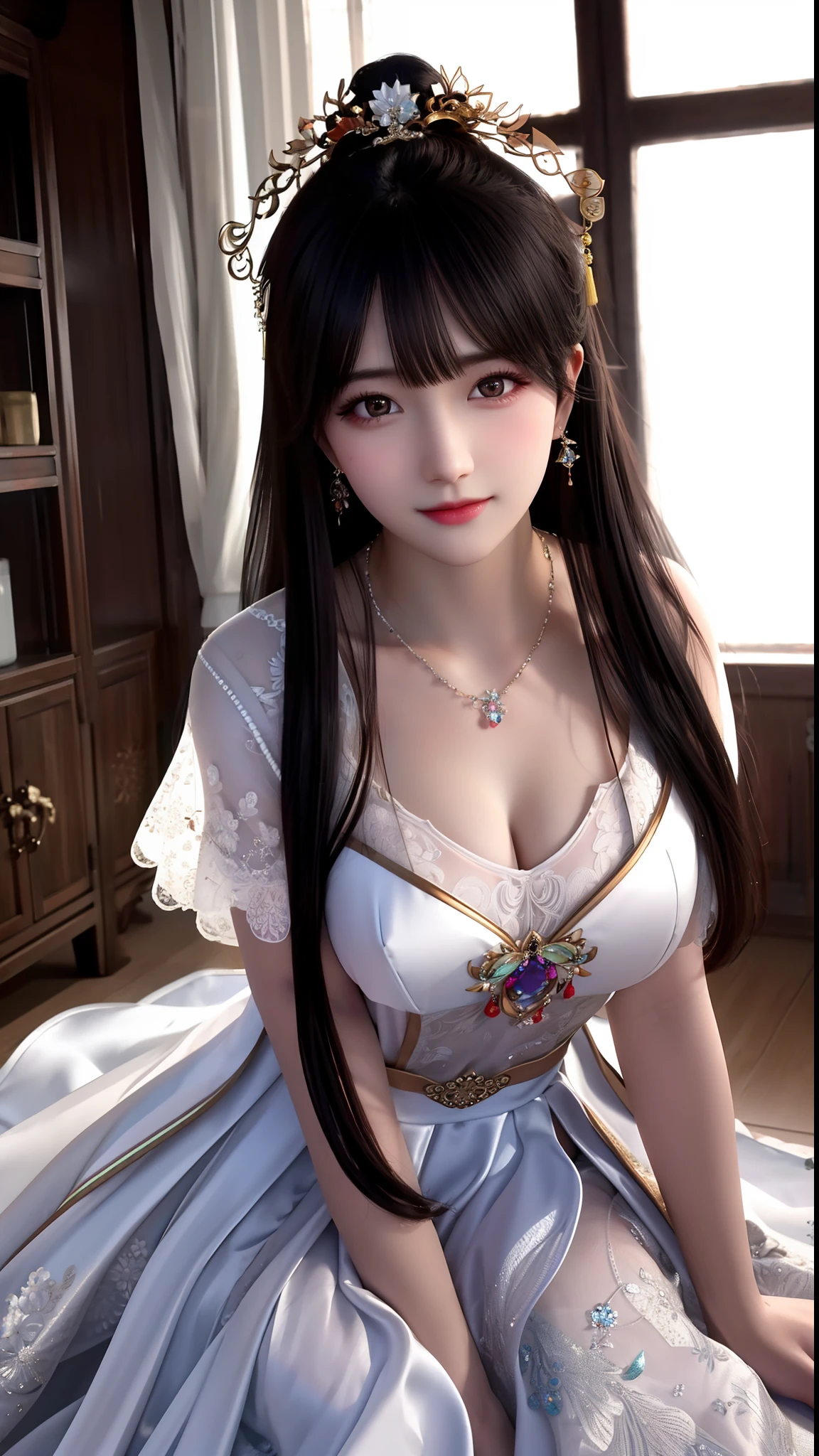 In the heart of a dark studio, a magnificent masterpiece comes to life. A stunning, ethereal girl adorned in a porcelain dress with intricate flower patterns, shimmers under the soft light. Her hair cascades in waves, adorned with elegant hair accessories, catching the light as they sparkle. A delicate necklace and exquisite jewelry adorn her slender neck and wrists.
Her face, a work of art in itself, boasts the most beautiful features - flawless, porcelain skin, piercingly clear, dark, and expressive eyes, full, painted lips, and the most captivating smile. A gentle Tyndall effect adds depth and