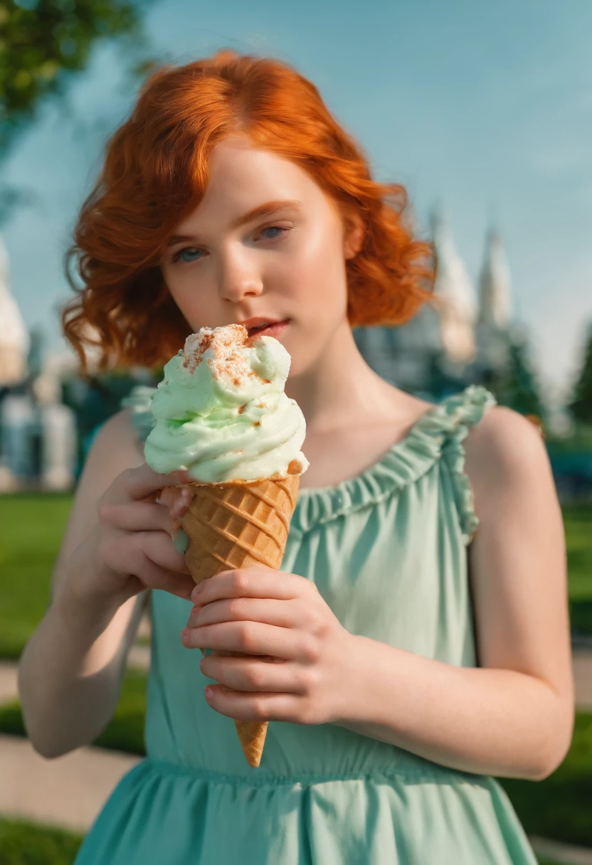 young redheaded girl with strikingly green eyes eating a soft-serve ice cream in a park under a clear cerulean sky