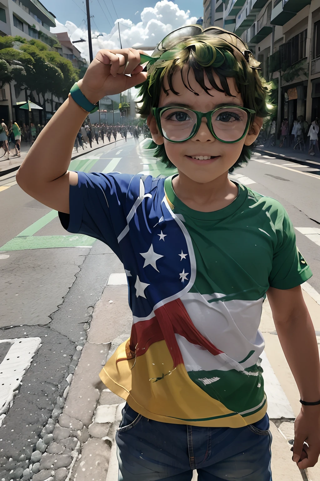 Create an ultra-detailed and realistic image of a 3-year-old boy wearing glasses. He's wearing a striped T-shirt with the colors white, amarelo, azul, e verde, representando a bandeira do Brasil (Camiseta listrada com as cores brancas, amarelas, azuis e verdes:1.5). The boy is happily holding a Brazilian flag to celebrate Independence Day. No fundo deliberadamente desfocado, retratam as ruas de uma cidade com um desfile comemorativo cheio de participantes carregando bandeiras, including a flag of Brazil with its characteristic colors. Render the image in 8k resolution to emphasize fine detail, capturing the happiness and pride of Independence Day celebrations. (Realistic:1.5) (ultra-detalhado:1.5) (Commemoration of Brazil's Independence Day) (Menino feliz com bandeira) (Desfile da cidade)
