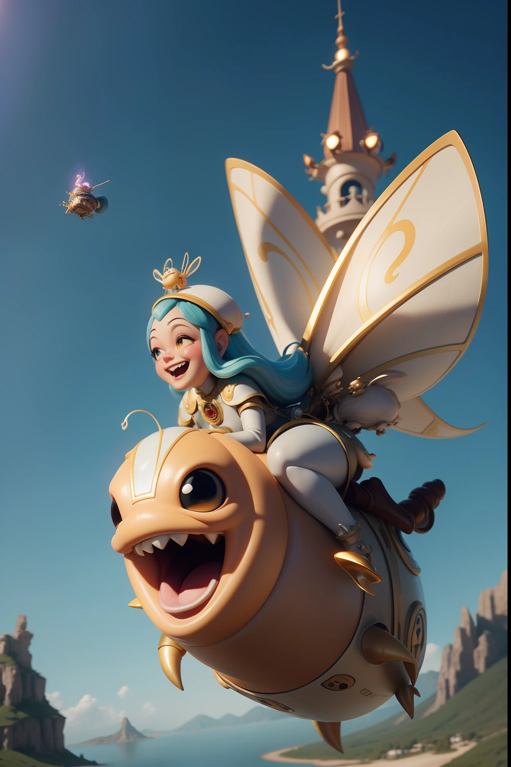 The fantasy world of Hieronymus Bosch with flying friendly huge mechanical snails. Riding a snail is a beautiful alien girl. a closeup of a. Flying over the lake. splatter, laughter, merriment. All the characters of the wonderful and funny Disney Pixar cartoon. super realistic. Cinematic. Blurred background in motion. Light haze
