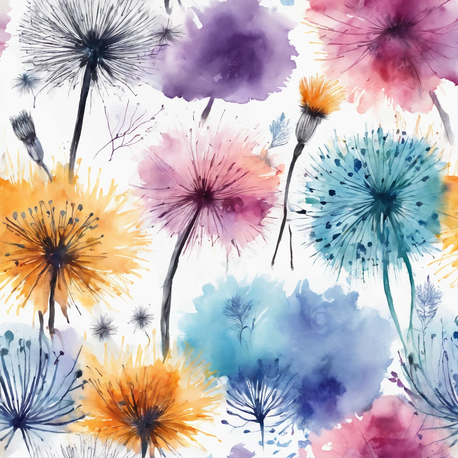 aquarelle, dandelion，Blue and purple， Beautiful, 1:1, the watercolor style, Flower and leaf motifs, Wet process and wet process, mute, Indigo, Fabric design, Flat illustration, highly detailed cleaning, Vector image, Masterpiece, professional, isometry, There is a distance，Bright vector, Black background, Dry brush, Brush strokes, Painted on canvas, by J.m.Show on the. Turner. Expressive markers.