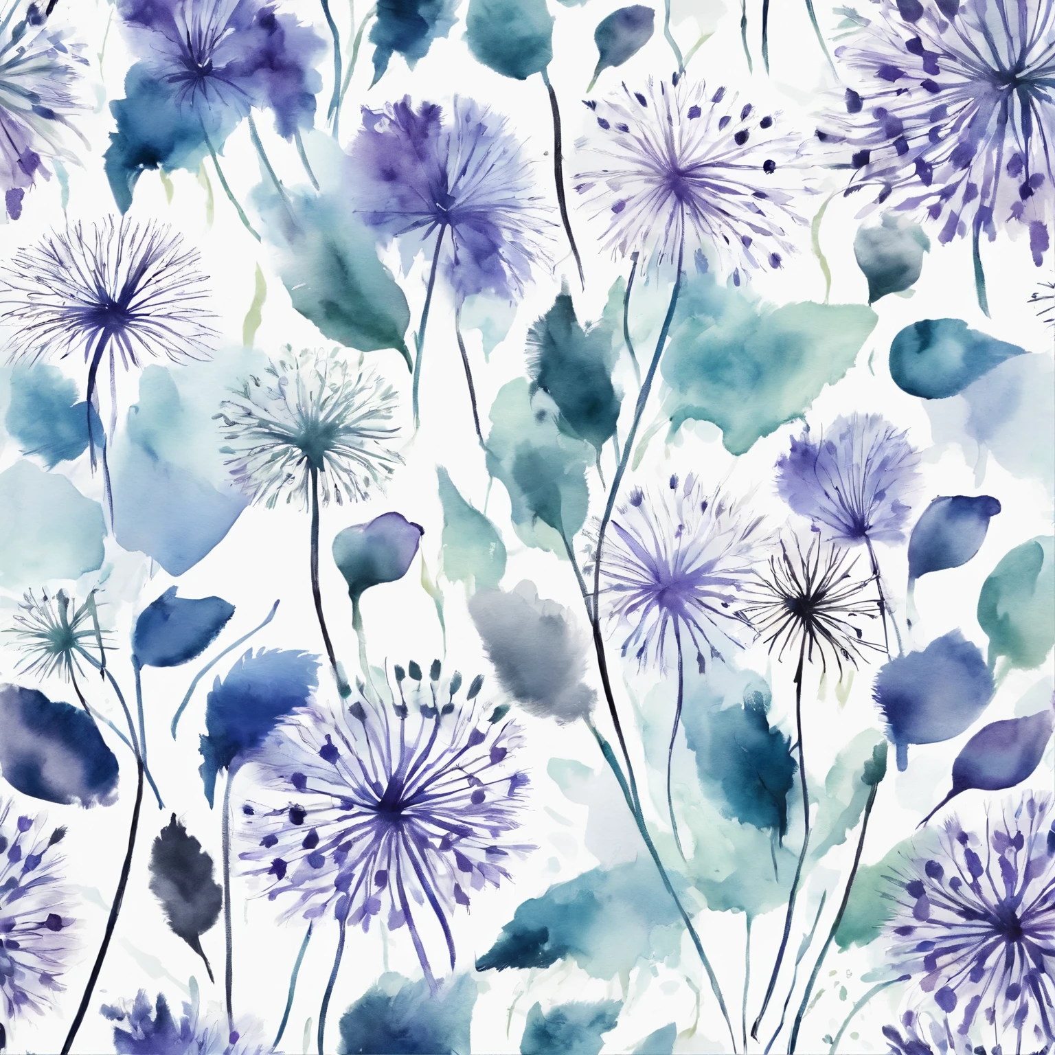 aquarelle, dandelion，Blue and purple， Beautiful, 1:1, the watercolor style, Flower and leaf motifs, Wet process and wet process, mute, Indigo, Fabric design, Flat illustration, highly detailed cleaning, Vector image, Masterpiece, professional, isometry, There is a distance，Bright vector, Black background, Dry brush, Brush strokes, Painted on canvas, by J.m.Show on the. Turner. Expressive markers.