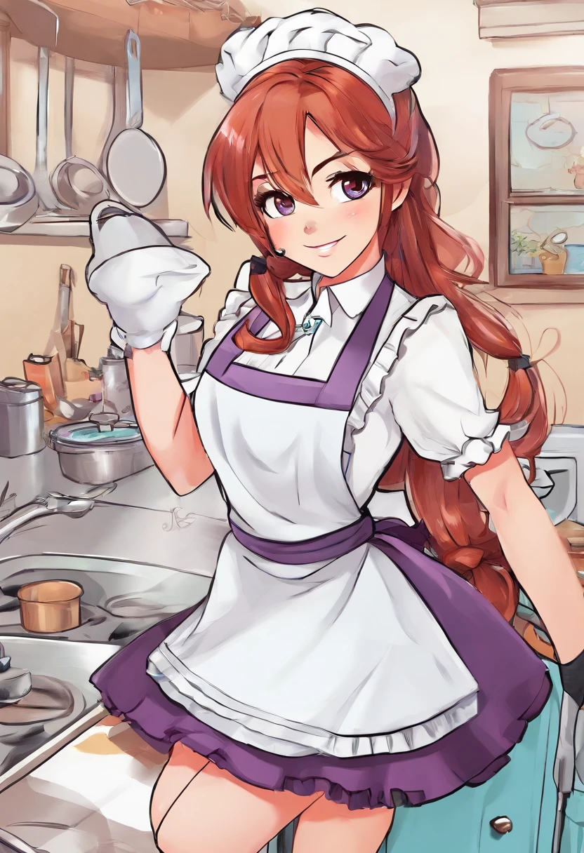 Masterpiece,(Best quality, illustration,Detailed face:1.3),(1girll,Solo:1.3),Beautiful detailed eyes, aprons, Gradient_Background, Gradient, maid, Purple eyes,Red hair,Small breasts,, Break, s girl, White_aprons, black_dress, pony tails, black_Footwear, frilld_aprons, dress, maid_aprons, alternate_Hair,Very long hair, split_pony tails, Halo