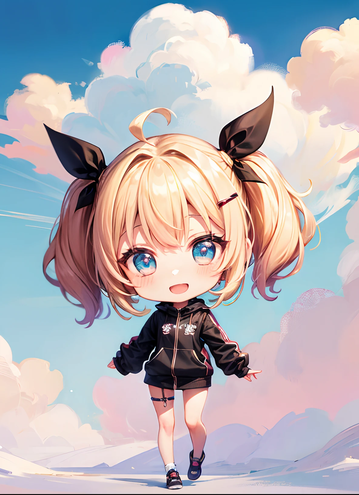 absurderes, ultra-detailliert,bright colour, extremely beautiful detailed anime face and eyes, view straight on, (Chibi:1.5),Happy smile,Short hair, , asymmetrical bangs, Blonde hair with short twin tails, Shiny hair, Delicate beautiful face,Blue eyes, White skin, hair clips, Beautiful cloud, Dusk sky,piece sign、Opening Mouth,(Full body:1.5)