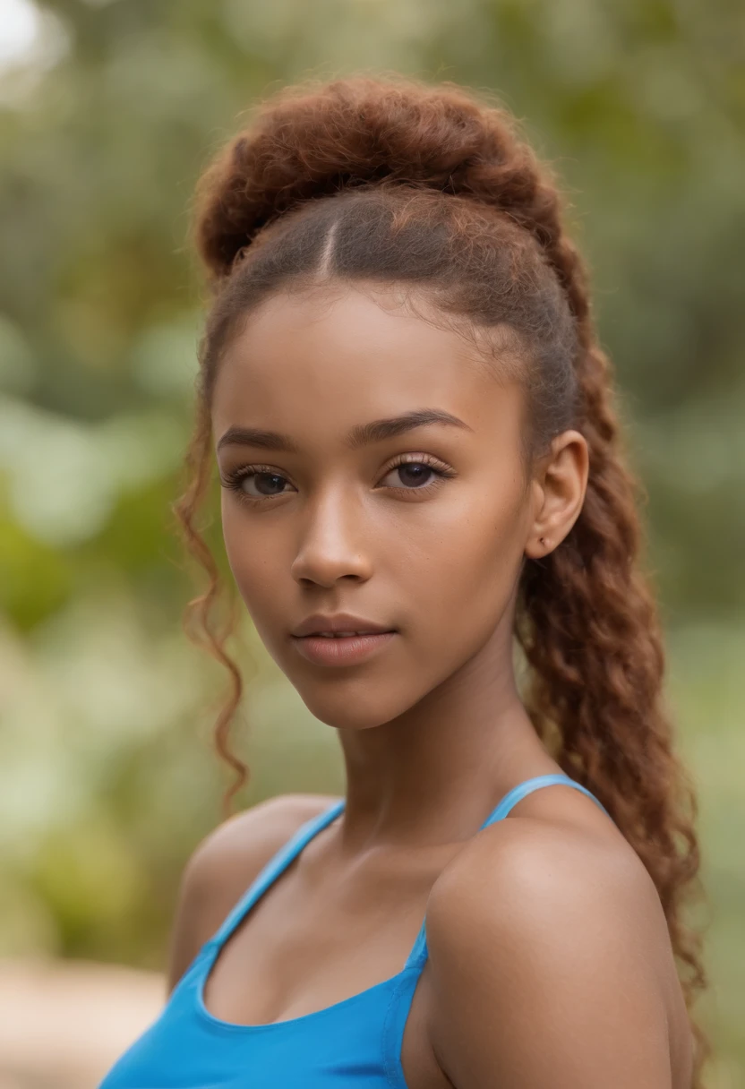 "Create an ultra-realistic masterpiece with photorealistic details, showcasing a caramel-skinned ginger African mixed girl with ponytails. detailed faces with bright neon blue and freckles, wearing school uniforms. girl has underboob exposure. standing outdoors, facing sideways, with arms positioned at a angle from their sides, emphasizing their groin and prominent hip bones."