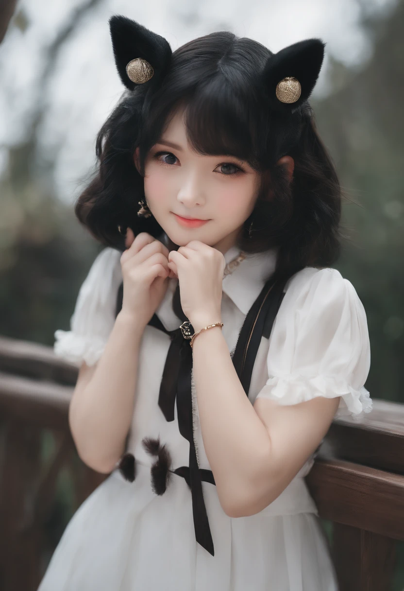 black hair, hair bobbles, wince, longeyelashes, solid circle eyes, fake animal ears, light smile, ear blush, fang, Surrealism, drop shadow, anaglyph, stereogram, tachi-e, pov, atmospheric perspective, 8k, super detail, ccurate, best quality