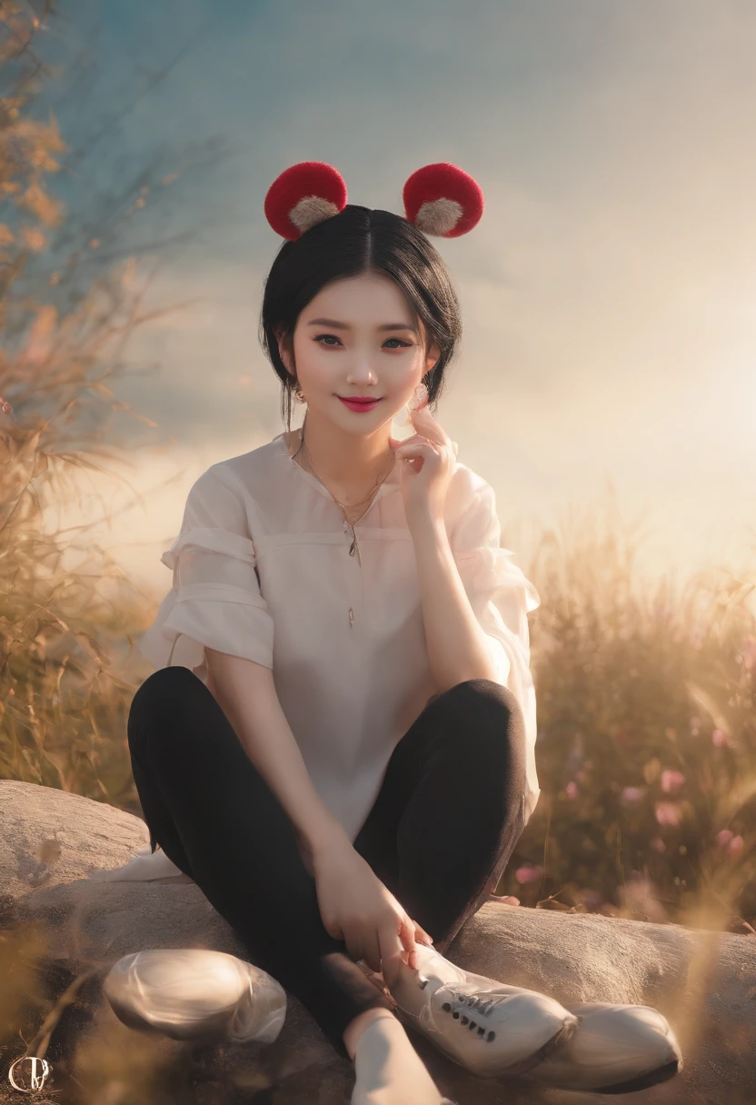 black hair, hair bobbles, wince, longeyelashes, solid circle eyes, fake animal ears, light smile, ear blush, fang, Surrealism, drop shadow, anaglyph, stereogram, tachi-e, pov, atmospheric perspective, 8k, super detail, ccurate, best quality