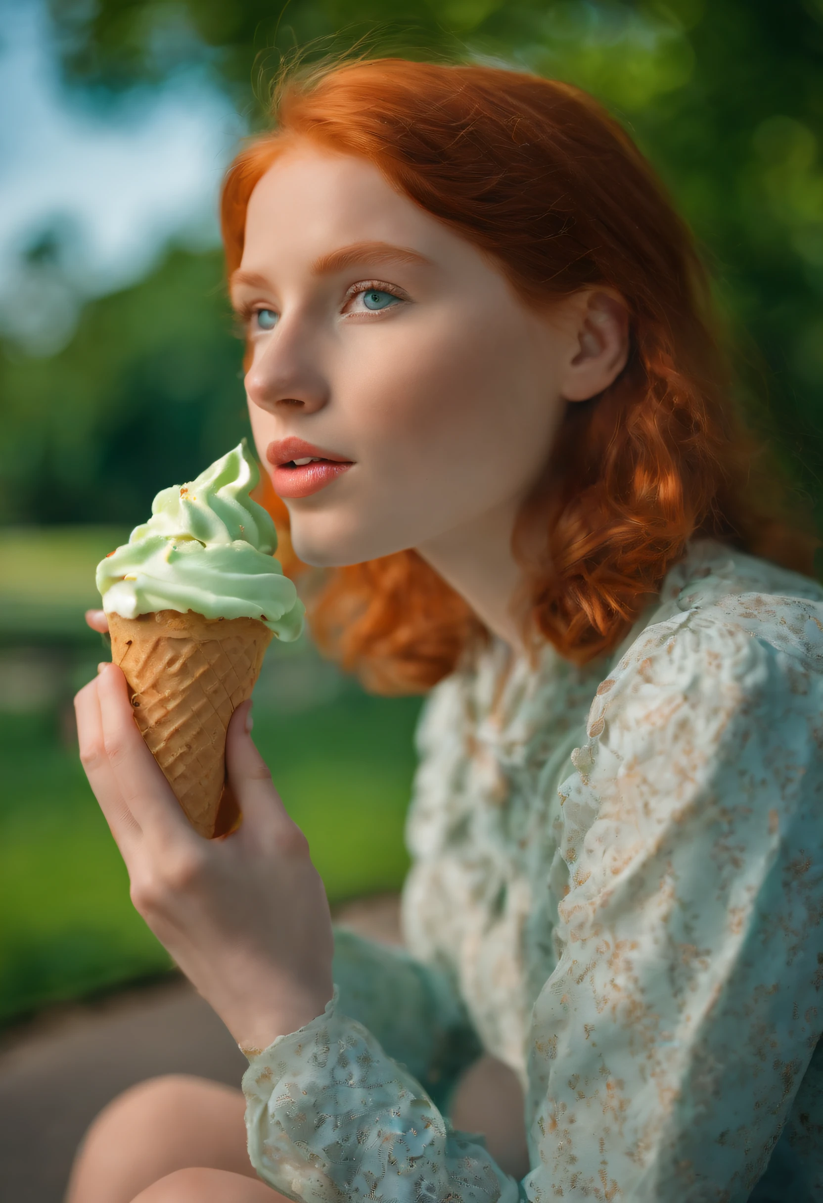 young redheaded girl with strikingly green eyes eating a soft-serve ice cream in a park under a clear cerulean sky