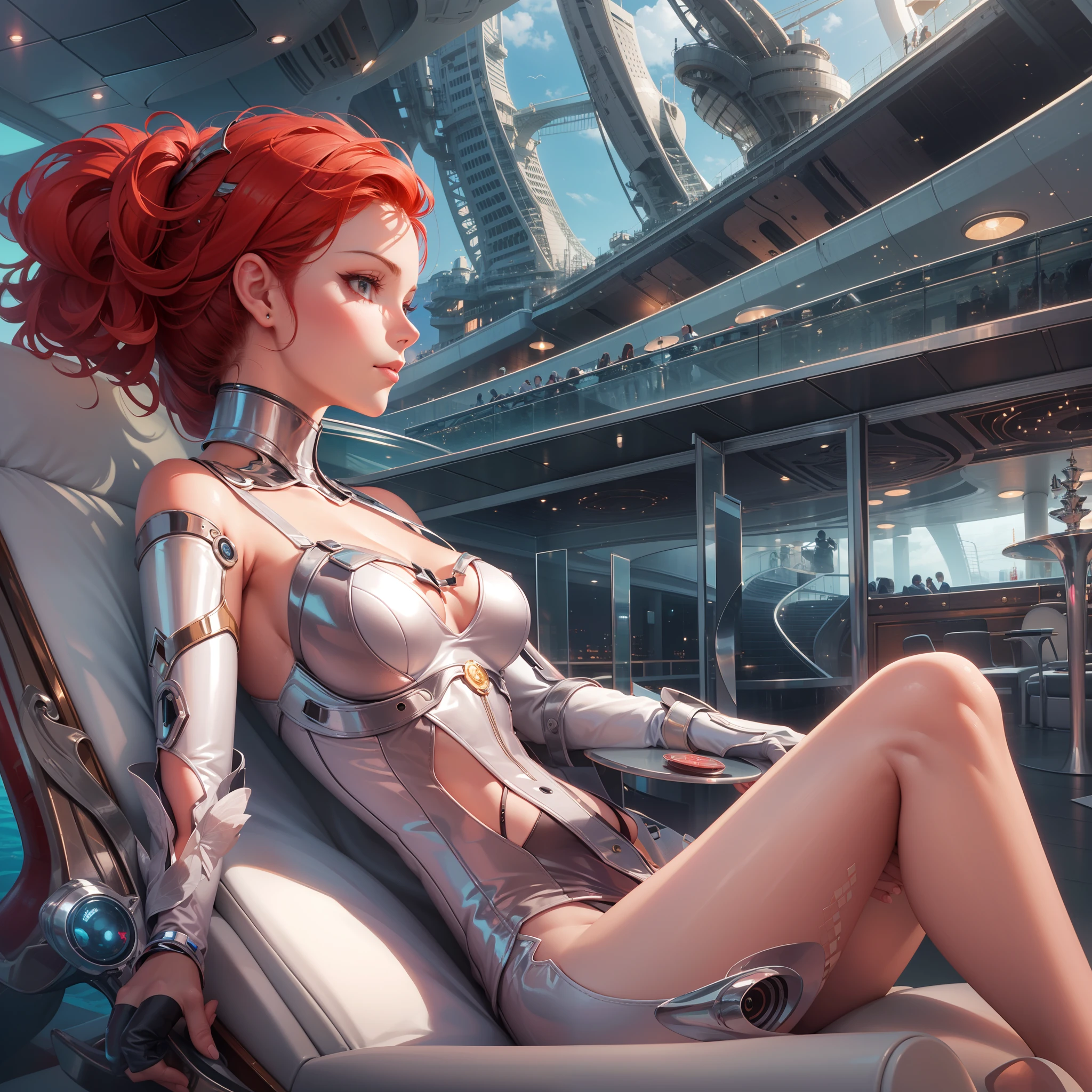 A new step for humanity, a beautiful humanoid relaxing on a luxury cruise ship, Android No. 2, a beautiful red-haired woman, a sexy dress, half of her body is a machine, high resolution, high quality, novel and comical artwork, realistic and futuristic.