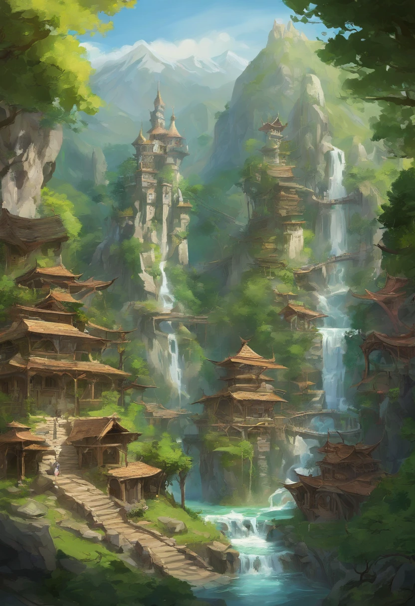 Nestled gracefully within the craggy embrace of towering, verdant mountains, this ethereal elven village stands as a testament to the harmonious union between elven craftsmanship and the natural world. Perched against the steep, emerald-clad terrain, its homes and pathways are a masterful blend of elven artistry and the sturdiness of stone and marble. Elaborate, spiral staircases of finely polished marble connect the dwellings, while slender bridges of intricately carved stone span glistening streams and cascading waterfalls, linking the tiers of this sylvan settlement.

The villagers' homes are sculpted from the very mountains themselves, their walls crafted from sturdy stone adorned with delicate marble reliefs depicting scenes of nature's beauty. Towering columns of gleaming marble support intricately carved wooden balconies, where residents gather to commune with the breathtaking vistas of soaring peaks and serene valleys. Wisps of vine and ivy, carefully cultivated, trace their way up the stone walls, lending a touch of nature's grace to the stately structures.

Beyond the mountains' embrace, a dense forest of ancient oak and silver-leafed aspen extends its verdant fingers toward the village. Here, the elven inhabitants find solace and sustenance, gathering herbs, forage, and the finest timbers for their graceful craftsmanship. The air is a tapestry of woodland scents, infused with the fragrant embrace of blooming wildflowers and the songs of countless birds.

In this elven haven, where stone and marble stand as both testament to their artistry and a symbol of enduring strength, the villagers exemplify the spirit of the woods they call home—resilient and resourceful, deeply connected to both the formidable mountains and the enchanting forest that cradles their timeless community.