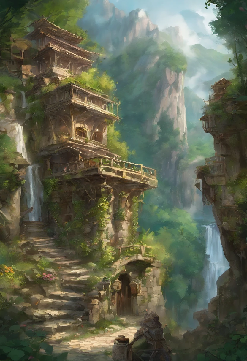 Nestled gracefully within the craggy embrace of towering, verdant mountains, this ethereal elven village stands as a testament to the harmonious union between elven craftsmanship and the natural world. Perched against the steep, emerald-clad terrain, its homes and pathways are a masterful blend of elven artistry and the sturdiness of stone and marble. Elaborate, spiral staircases of finely polished marble connect the dwellings, while slender bridges of intricately carved stone span glistening streams and cascading waterfalls, linking the tiers of this sylvan settlement.
The villagers' homes are sculpted from the very mountains themselves, their walls crafted from sturdy stone adorned with delicate marble reliefs depicting scenes of nature's beauty. Towering columns of gleaming marble support intricately carved wooden balconies, where residents gather to commune with the breathtaking vistas of soaring peaks and serene valleys. Wisps of vine and ivy, carefully cultivated, trace their way up the stone walls, lending a touch of nature's grace to the stately structures.
Beyond the mountains' embrace, a dense forest of ancient oak and silver-leafed aspen extends its verdant fingers toward the village. Here, the elven inhabitants find solace and sustenance, gathering herbs, forage, and the finest timbers for their graceful craftsmanship. The air is a tapestry of woodland scents, infused with the fragrant embrace of blooming wildflowers and the songs of countless birds.
In this elven haven, where stone and marble stand as both testament to their artistry and a symbol of enduring strength, the villagers exemplify the spirit of the woods they call home—resilient and resourceful, deeply connected to both the formidable mountains and the enchanting forest that cradles their timeless community.