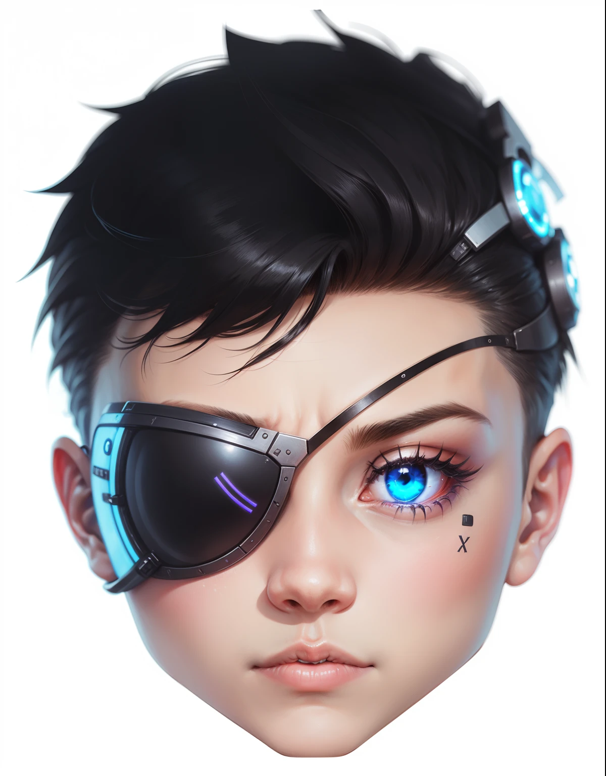 Boy with eye patch cybernetic eye protection, metalico, robotic, futurista, luzes synthwave