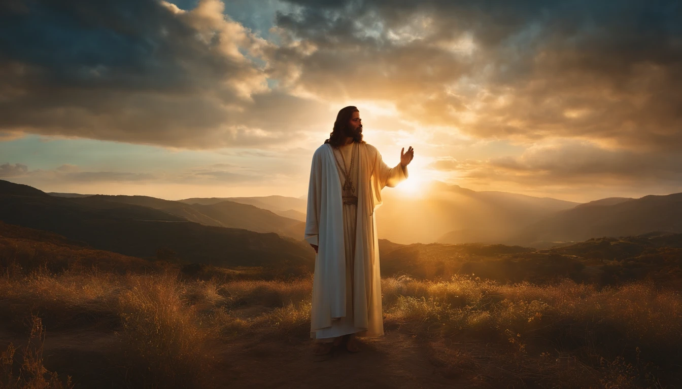Jesus, heaven, realistic photography, shining, portrait, cinematic lighting, full body photography, religious