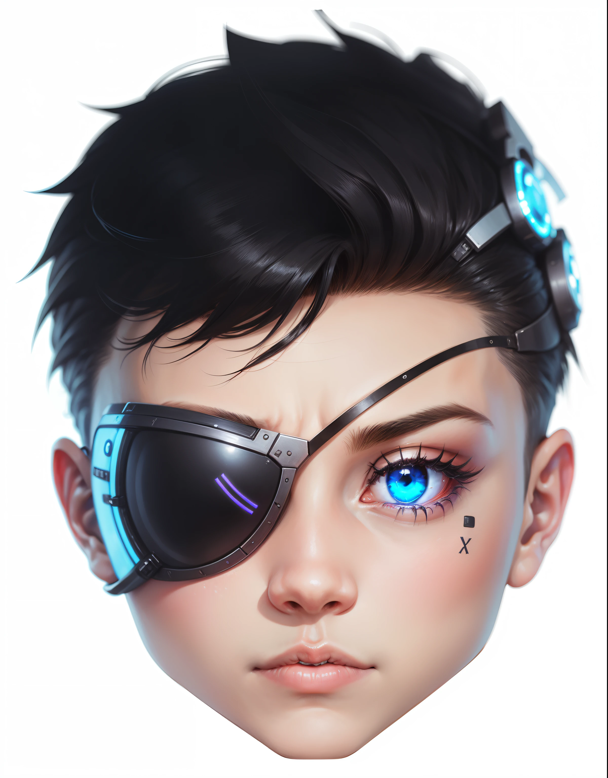 Boy with eye patch cybernetic eye protection, metalico, robotic, futurista, luzes synthwave