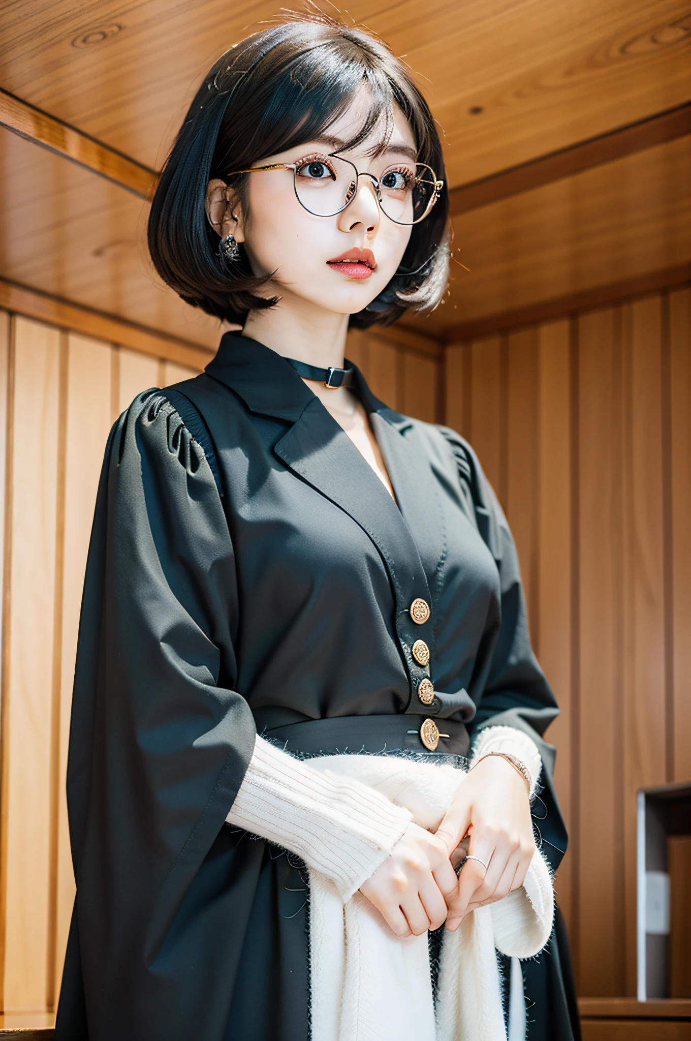 Kamei Eri dressed as a judge in a courtroom setting. She's wearing a black robe with a white collar or neckband, holding a gavel, with a judicial wig. The bench is raised, and there's a nameplate indicating her position. Her demeanor is serious, possibly wearing spectacles, and the courtroom setting is traditional with wooden furnishings. The lighting captures the solemnity of the courtroom, with colors focusing on the deep blacks of the robe and the stark whites of the collar and wig. The composition should be a mid-shot, capturing her from the waist up, with a 50mm lens, f/8, ISO 100, shutter speed 1/125, and back-lighting to highlight her features.
--ar 16:9 --v 5.1 --style raw --q 2 --s 750