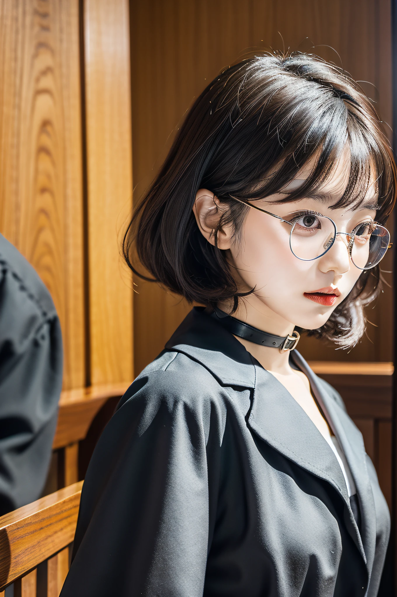 Kamei Eri dressed as a judge in a courtroom setting. She's wearing a black robe with a white collar or neckband, holding a gavel, with a judicial wig. The bench is raised, and there's a nameplate indicating her position. Her demeanor is serious, possibly wearing spectacles, and the courtroom setting is traditional with wooden furnishings. The lighting captures the solemnity of the courtroom, with colors focusing on the deep blacks of the robe and the stark whites of the collar and wig. The composition should be a mid-shot, capturing her from the waist up, with a 50mm lens, f/8, ISO 100, shutter speed 1/125, and back-lighting to highlight her features.
--ar 16:9 --v 5.1 --style raw --q 2 --s 750