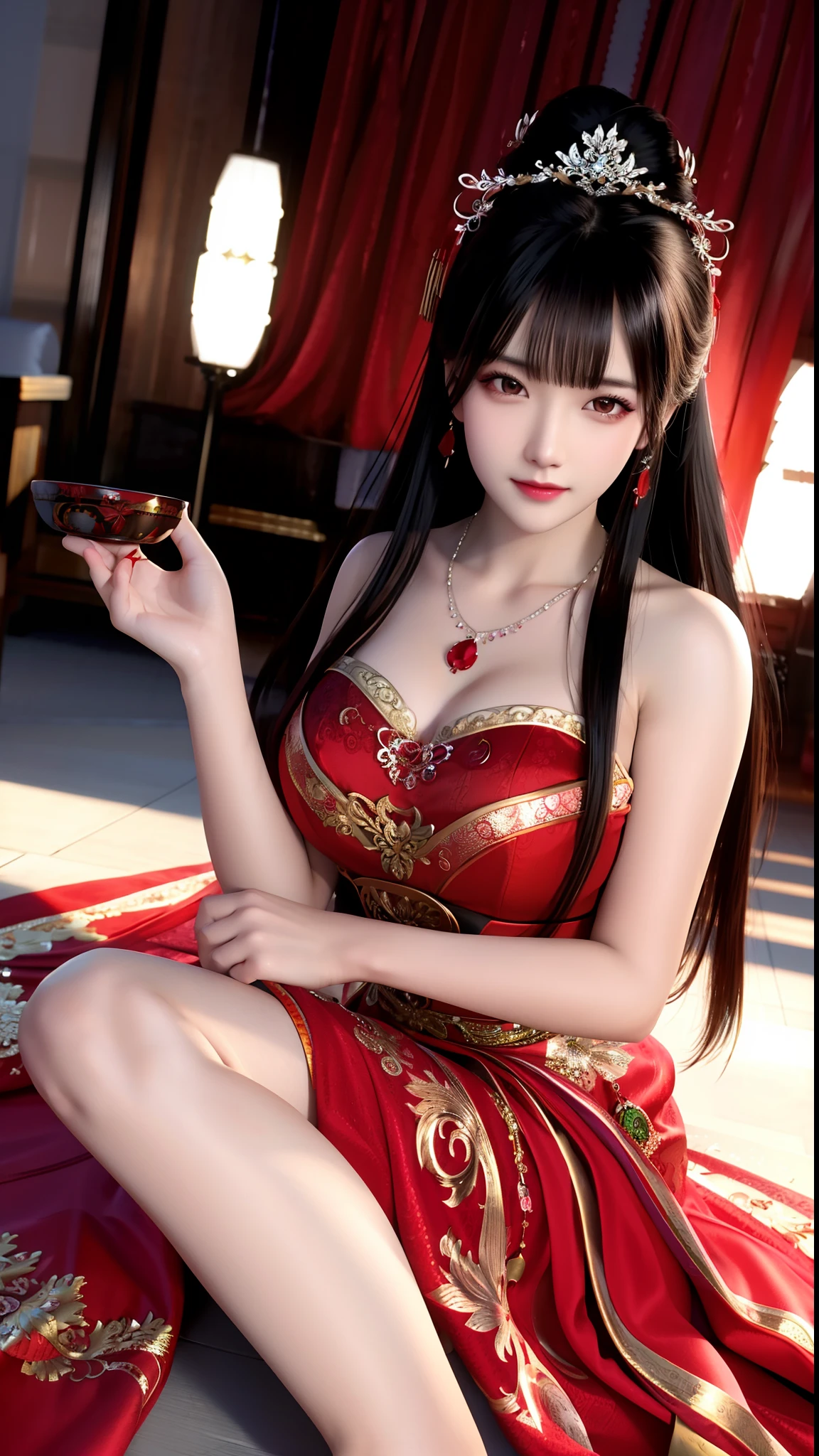 (8k, RAW photo, best quality, masterpiece:1.2),(realistic, photo-realistic:1.37),photo mapping,professional lighting,radiosity,1girl,solo,long_hair,(bracelet:1.1),(long legs:1.2),(earrings:1.1),physically-based rendering,proscenium,performance,be seated,Chinese dress,dark blue and gold dress,shiny dress,Correct hands,hands on legs,red dress
