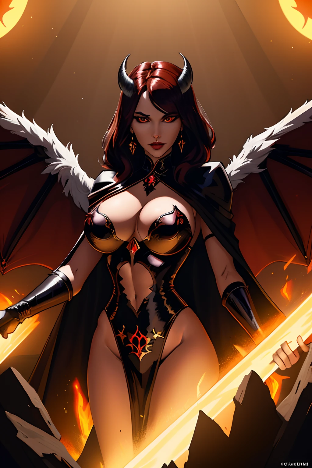 Lisa Ann ultra-detailed: The Empress of Darkness, Background to the destruction of hell, diabolique, insidieux, invincible, couronne sombre, Evil queen, Robe noire et rouge, demon wings dans le dos, Demon horn, Realistic detailed eyes, Shaded illustration of a high-quality cell in hell, corps entier, pose dynamique, anatomie parfaite, centered, Freedom, soul, Approche de la perfection, Ombrage de cellule, 8k , Cinematic dramatic atmosphere, Illumination globale, detailed and intricate environment, ArtStation, Art conceptuel, mise au point fluide et nette, volumeric lighting, lighting cinematic