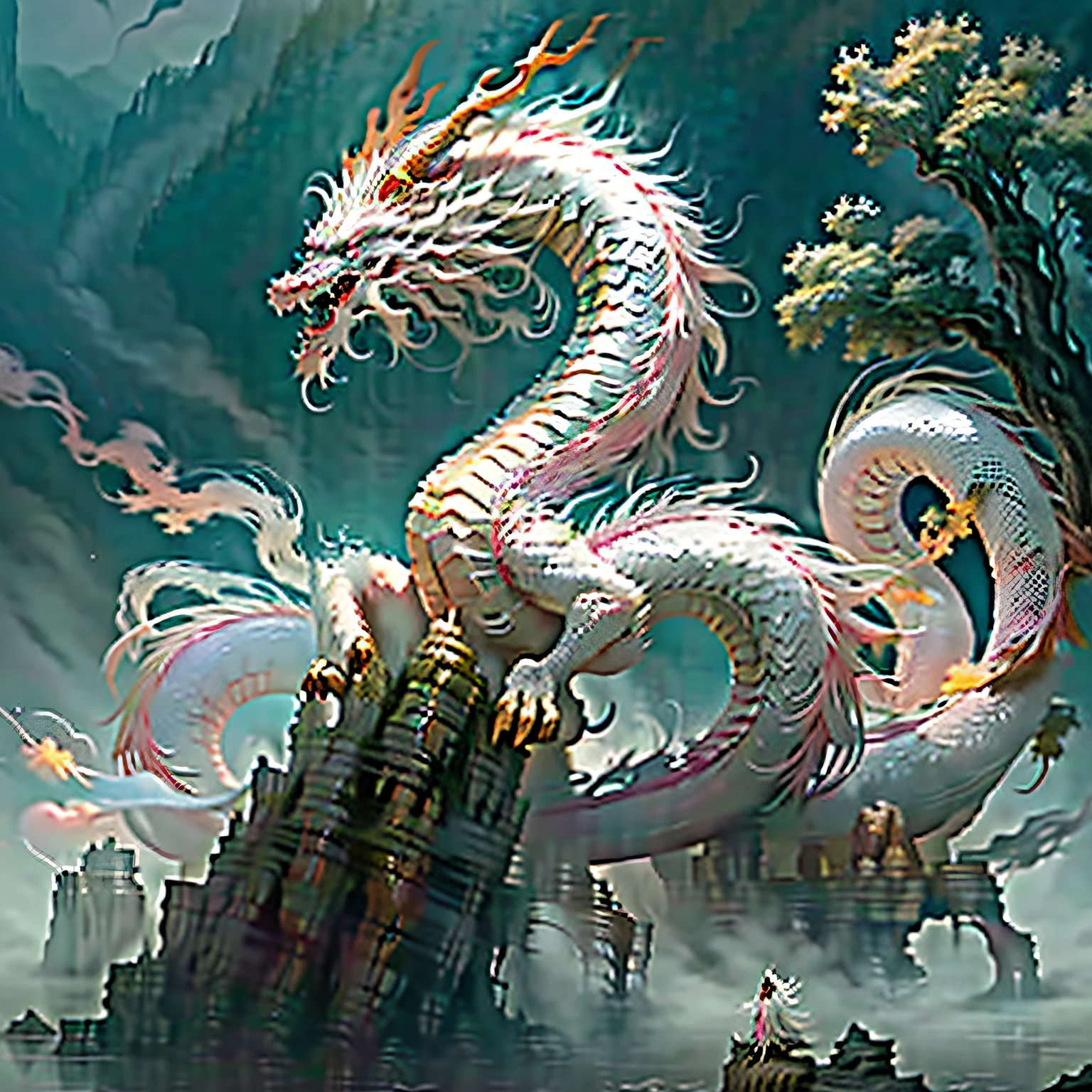 Best quality,masterpiece,ultra high res,white and pink dragon, no humans, (long:1.2),tree, teeth, sharp teeth, cat eyes, cloud, outdoors, 1other, fantasy, horns, sky, fog, open mouth, god dragon, scenery