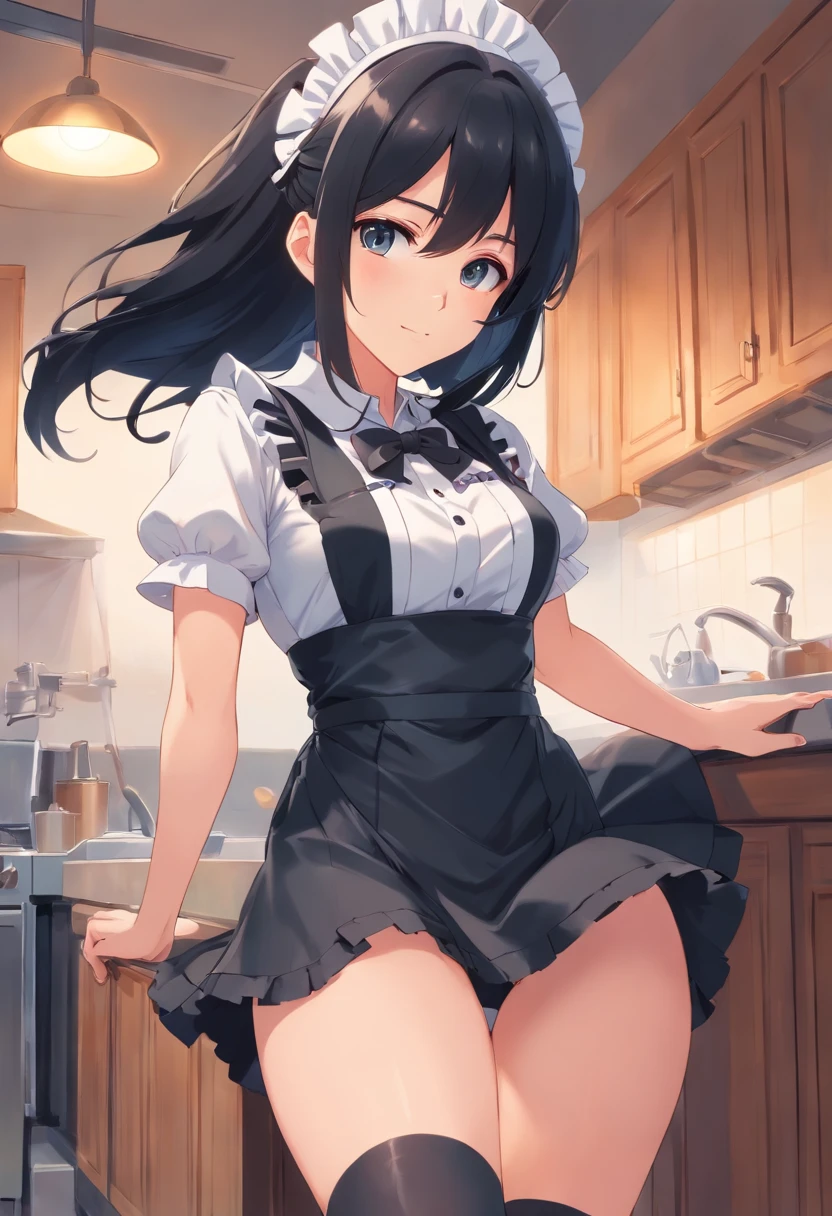 Sexy maid outfit, long black hair, wide ass, erect chest, stretchy