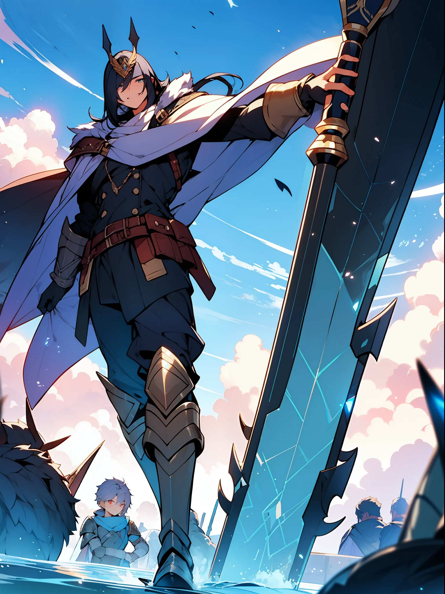 Human male mercenary Adventurer Galahad, RPG World、The Great Sword of Ice Raised Overhead、Proud smile、