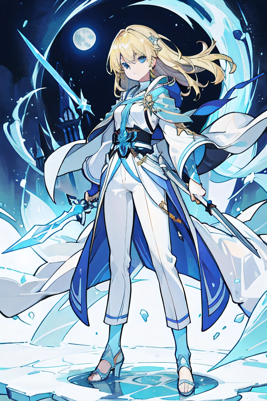 Blonde girl,Holding an ice sword,Wear a blue robe.,White inner shirt with blue pants,Standing in the moonlight.