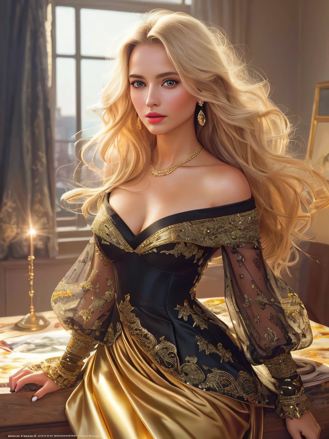 photo of a stunning beautiful woman in the cover of a fashion magazine, long messy windy blonde hair, green eyes, (Vogue magazine cover:1.3), (cosmopolitan15:1.2), modelshoot style, (extremely detailed CG unity 8k wallpaper), photo of the most beautiful artwork in the world, professional majestic oil painting by Ed Blinkey, Atey Ghailan, Studio Ghibli, by Jeremy Mann, Greg Manchess, Antonio Moro, trending on ArtStation, trending on CGSociety, Intricate, High Detail, Sharp focus, dramatic, photorealistic painting art by midjourney and greg rutkowski, (sexy shiny golden dress:1.1), (looking at viewer), (detailed pupils:1.3), (modern outfit:1.2), (closeup), red lips, (earrings), (fashion magazine logo), (magazine text), (magazine title:1.1)