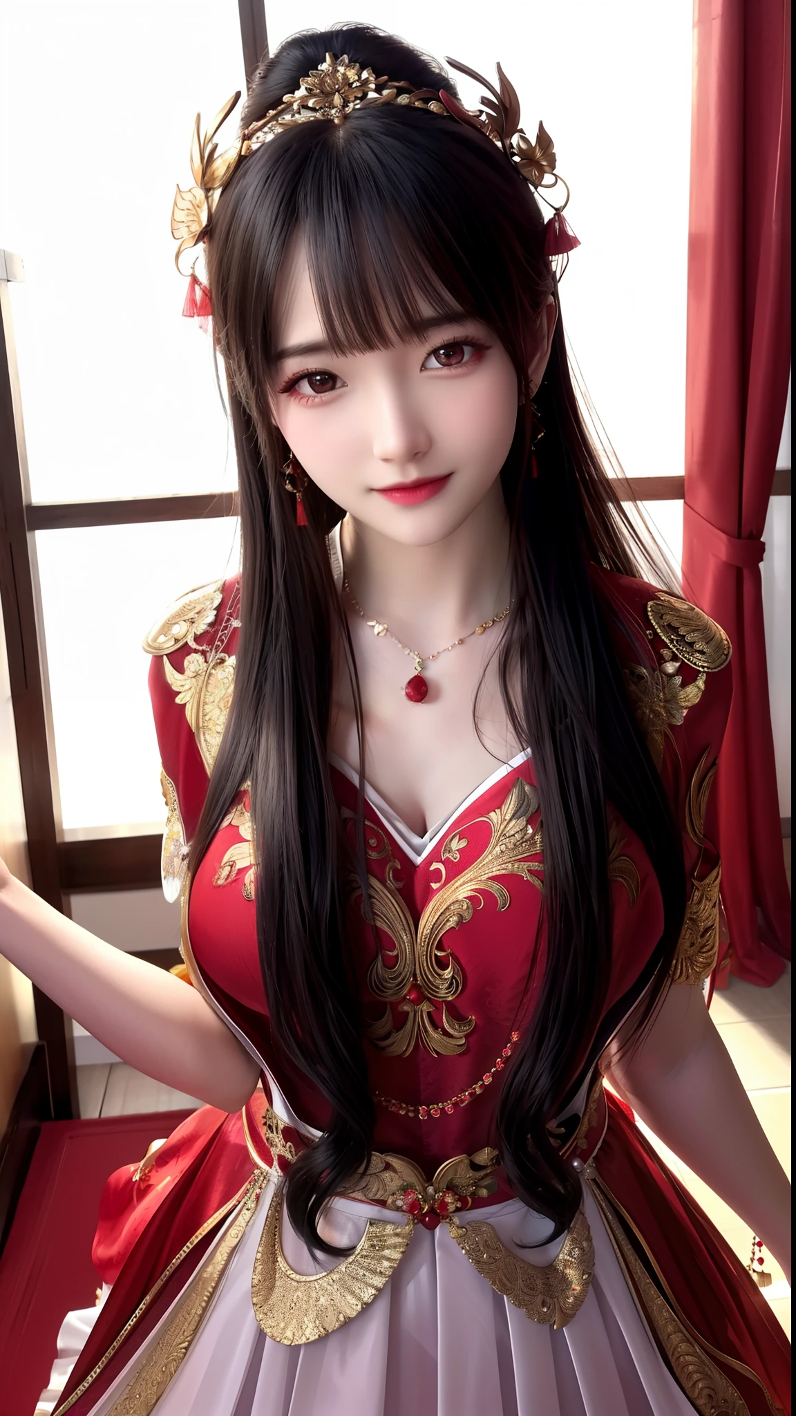 best quality, masterpiece, highres, 1girl, china wedding dress, red dress highlight, hair ornament, necklace, jewelry, Beautiful face,upon body, tyndall effect, photorealistic, dark studio, rim lighting, two tone lighting, (high detailed skin:1.2), 8k uhd, dslr, soft lighting, high quality, volumetric lighting, candid, Photograph, high resolution, attractive pose,