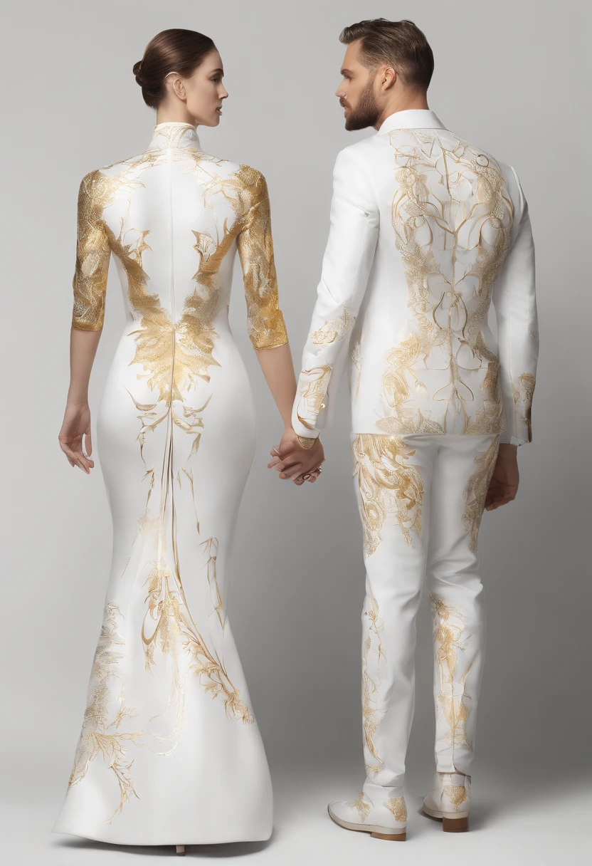a couple (man and woman) standing back to back and holding hands. They are painted in white and with fine lines like cracks with gold (like Kintsug). The background is white