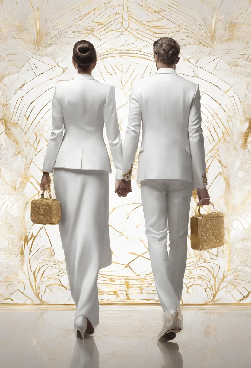 a couple (man and woman) standing back to back and holding hands. They are painted in white and with fine lines like cracks with gold (like Kintsug). The background is white