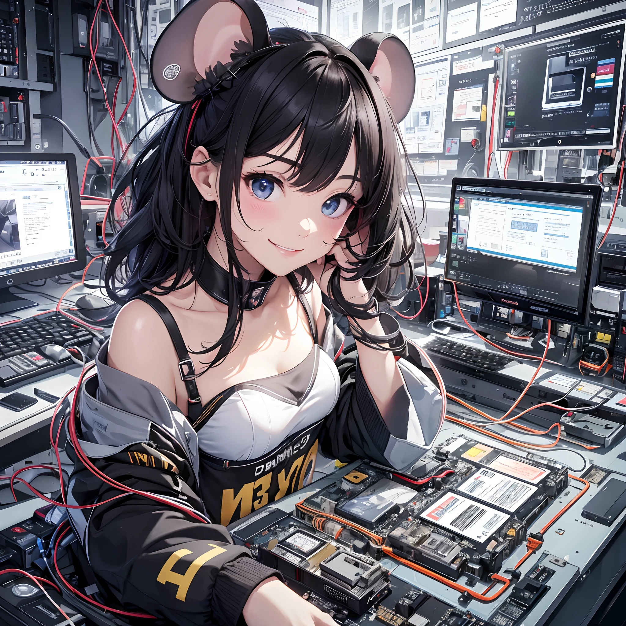 Top Quality, 8K, High Resolution, Masterpiece, (Personal Computer: 1.5), (anthropomorphism1.5), (Smile: 1.5), Cheerful, PCgirl, Graphics Board, (Optical Drive), (SSD), Hard Disk, Keyboard, One-Eyed Webcam, Monitor, (Wiring Hair: 1.3), (Mouse Clicks: 1.2)), ( Dynamic: 1.2), complex, sharp focus,